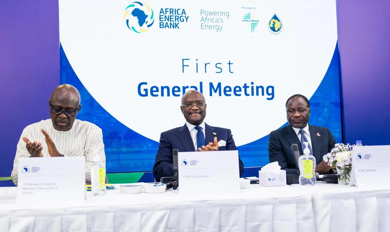 Nigeria's petroleum minister of state Heineken Lokpobiri, Afreximbank president George Elombi and Côte d'Ivoire's energy minister Mamadou Sangafowa-Coulibaly at the Africa Energy Bank's first general meeting in Abuja