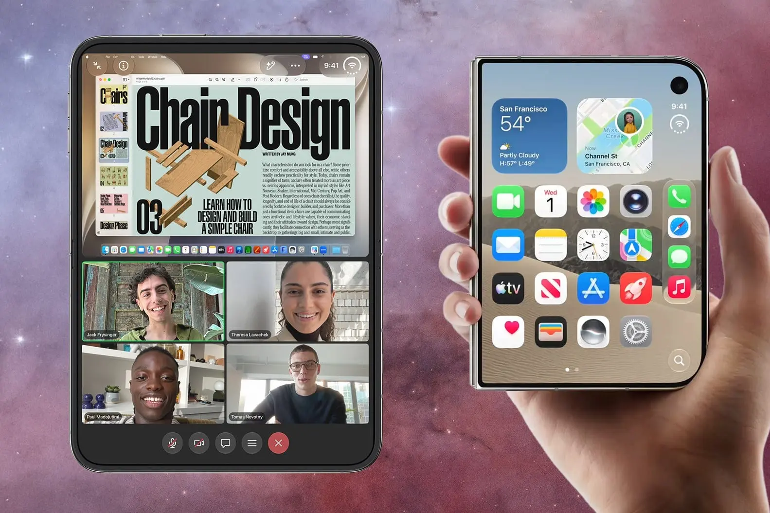 The iPhone Duo shown open on a video call and folded in a hand