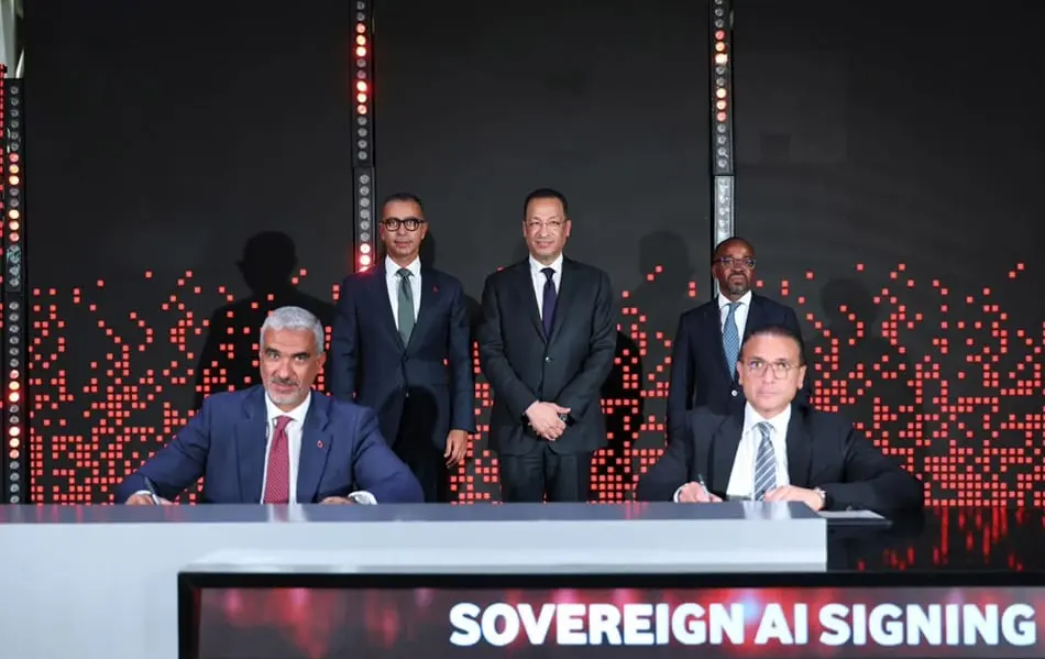 Executives from Vodafone Egypt and Cassava Technologies at a sovereign AI signing ceremony