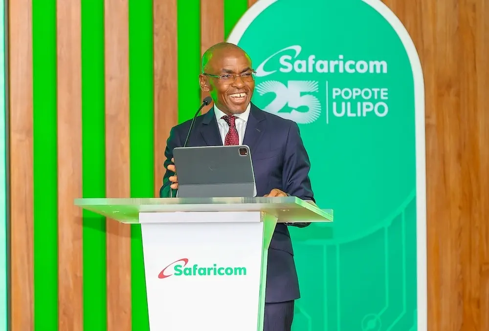 Safaricom chief executive Peter Ndegwa at a lectern during the launch of the company's 2026 Sustainable Business Report in Nairobi