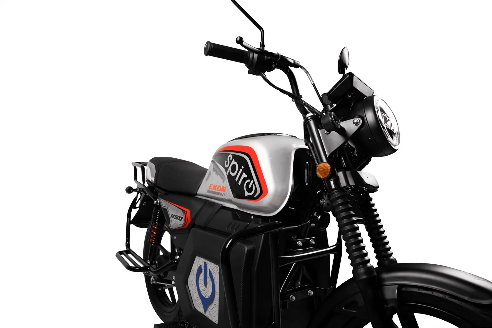 Spiro's Ekon 450 electric motorcycle in silver and black with orange trim, against a white background